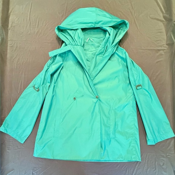 MaxMara Blue/Green Hood/Shawl Collar Trench Coat w/ Belted Waist Size 14/XL $ - Picture 5 of 16